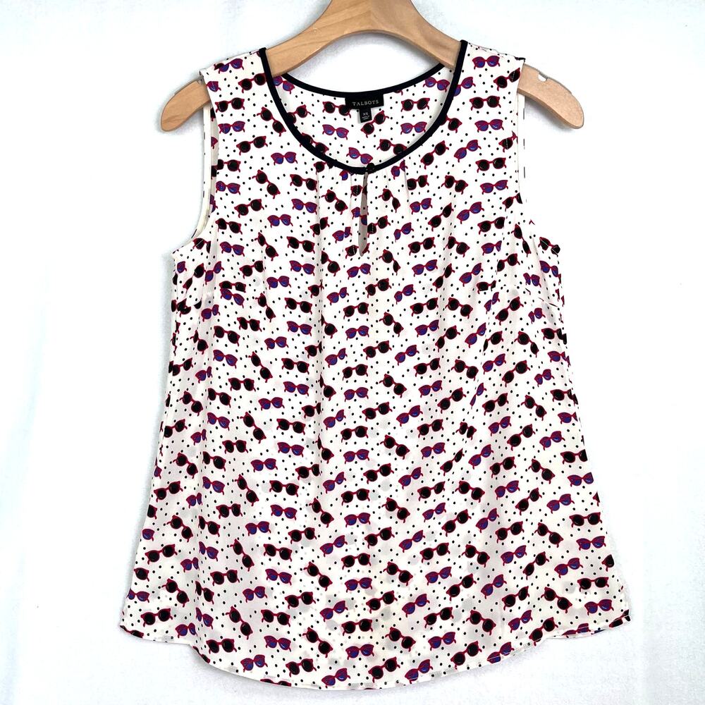 TALBOTS Whimsical Sunglasses Top Sz XS Glam Playful Polka Dots Tank Cruise Fun